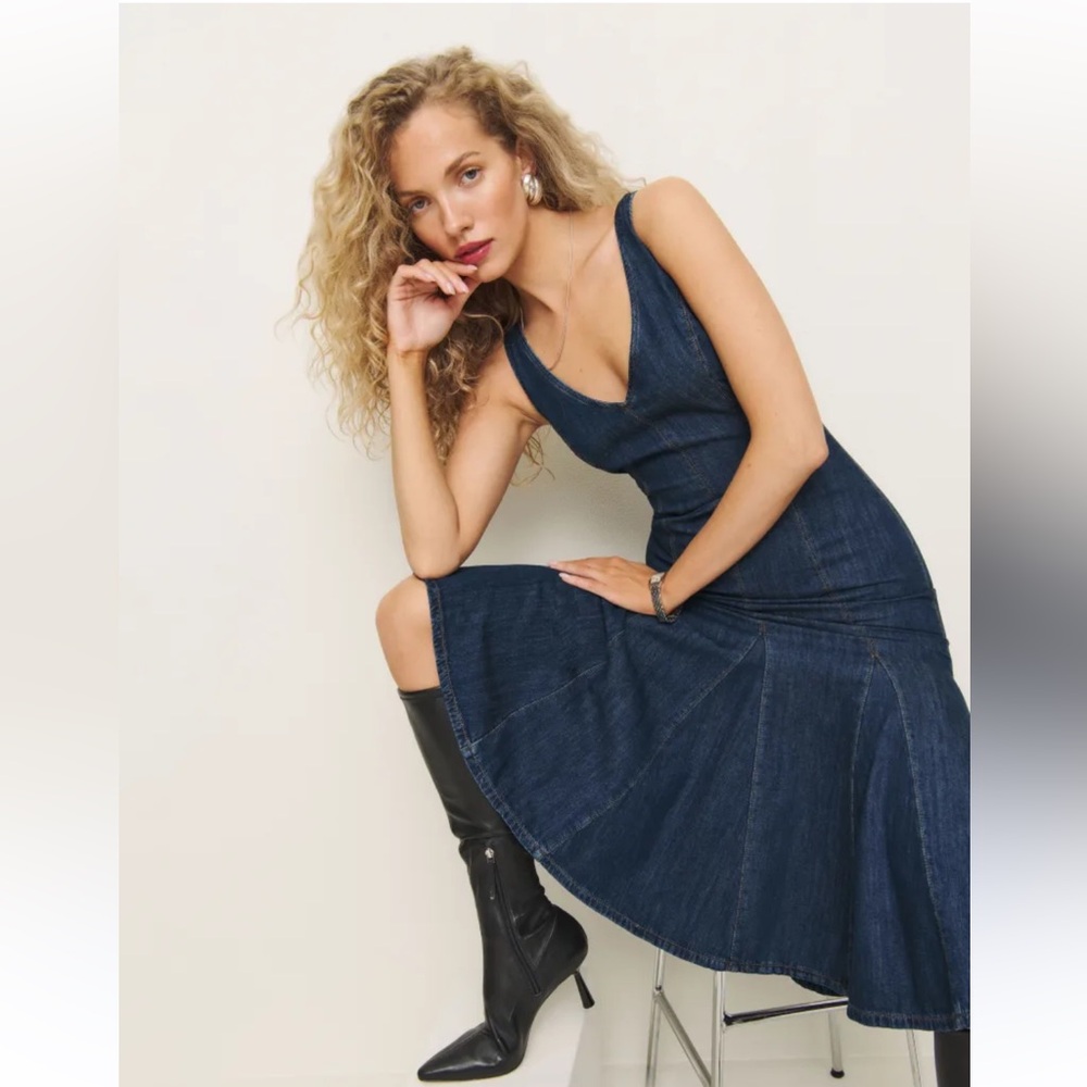 New Reformation Serafina Denim Midi Dress - Picture 2 of 6